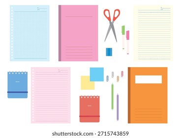 Artigos de papelaria, incluindo cadernos, papel de folha solta, canetas, etc.