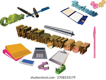 Conjunto de papelería que incluye grapadora, Regla, bolígrafos y borrador