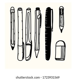 Doodle Pen collection in black and white  Pen collection, Stationary art,  Vector art illustration