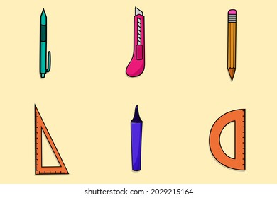 Stationery estableció el estilo de dibujos animados de ilustraciones vectoriales aisladas. uso para volver al diseño escolar, icono educativo, gráfico de elemento para afiches, banner, web, volante