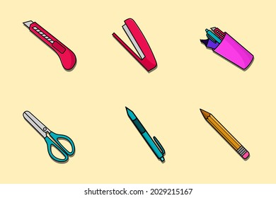 Stationery set isolated vector illustration cartoon style. use for back to school design, education icon, element graphic for poster, banner, web, flyer