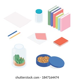 Stationery set. Isometric vector illustration in flat design. Working from home, office, doing homework.