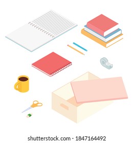 Stationery set. Isometric vector illustration in flat design. Working from home, office, doing homework.