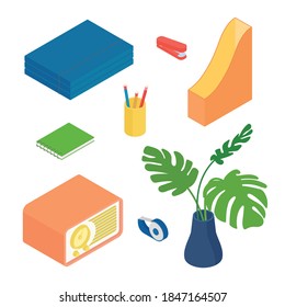 Stationery Set. Isometrische Vektorgrafik in flachem Design. Arbeiten von zu Hause, im Büro, Hausaufgaben machen.