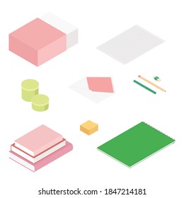 Stationery set. Isometric vector illustration in flat design. Working from home, office, doing homework.