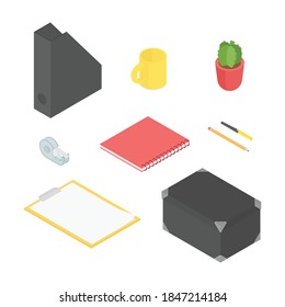 Stationery set. Isometric vector illustration in flat design. Working from home, office, doing homework.