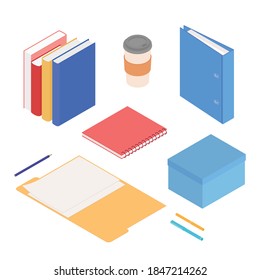 Stationery set. Isometric vector illustration in flat design. Working from home, office, doing homework.