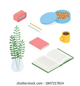 Stationery Set. Isometrische Vektorgrafik in flachem Design. Arbeiten von zu Hause, im Büro, Hausaufgaben machen.
