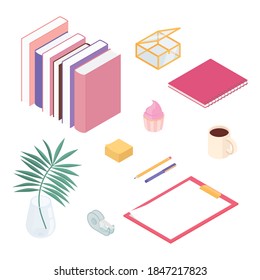 Stationery set. Isometric vector illustration in flat design. Working from home, office, doing homework, home school, hobby.