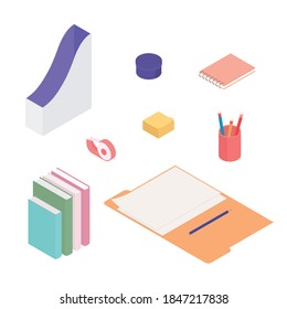 Stationery set. Isometric vector illustration in flat design. Working from home, office, doing homework, home school.