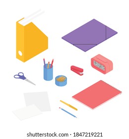 Stationery set. Isometric vector illustration in flat design. Working from home, office, doing homework.