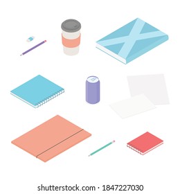 Stationery set. Isometric vector illustration in flat design. Working from home, office, doing homework.