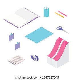 Stationery set. Isometric vector illustration in flat design. Working from home, office, doing homework.