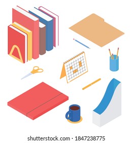 Stationery set. Isometric vector illustration in flat design. Working from home, office, doing homework.