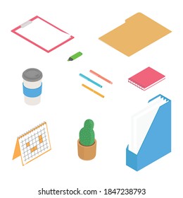 Stationery set. Isometric vector illustration in flat design. Working from home, office, doing homework.