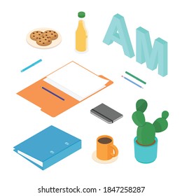 Stationery set. Isometric vector illustration in flat design. Working from home, office, doing homework.