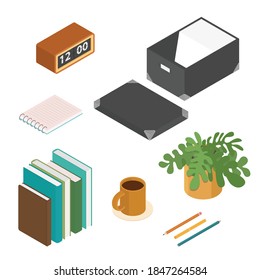 Stationery set. Isometric vector illustration in flat design. Working from home, office, doing homework.
