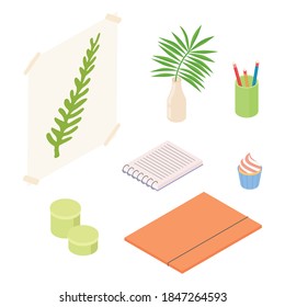 Stationery set. Isometric vector illustration in flat design. Working from home, office, doing homework.
