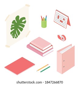 Stationery set. Isometric vector illustration in flat design. Working from home office, homework concepts.