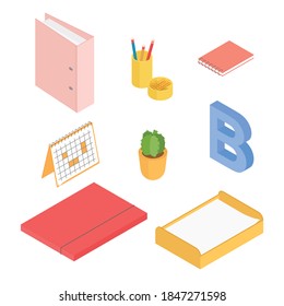 Stationery set. Isometric vector illustration in flat design. Working from home, office, doing homework.