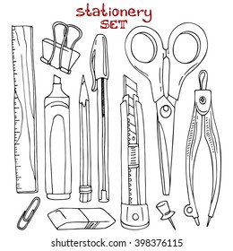 Stationery set: knife, scissors, compasses, pencil, pen, highlighter, clip, ruler, eraser. Hand-drawn design elements.
