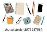 Stationery set. Memo paper note, notebook, notepad, pencils, text highlighter, felt-tip pen, glasses, camera, smartphone. Office supplies, marker, liner. Flat vector illustration isolated