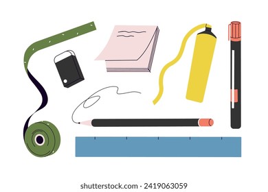 Stationery set. Memo paper note, measuring tape, eraser, pencil, text highlighter, felt-tip pen, ruler. Office and school supplies, marker, liner. Flat vector illustration isolated on white background