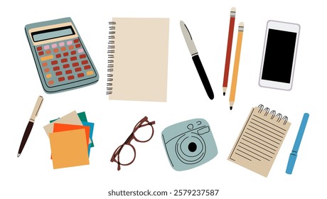 Stationery set. Memo paper note, notebook, notepad, pencils, text highlighter, felt-tip pen, glasses, camera, smartphone. Office supplies, marker, liner. Flat vector illustration isolated