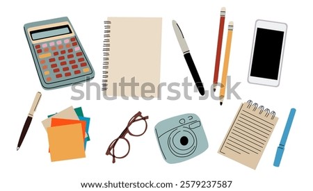 Stationery set. Memo paper note, notebook, notepad, pencils, text highlighter, felt-tip pen, glasses, camera, smartphone. Office supplies, marker, liner. Flat vector illustration isolated