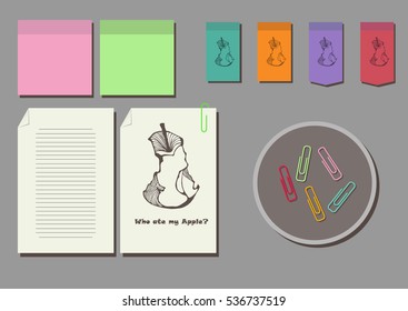 Stationery set. Mock up. Paper white, colored, lined. Adhesive block and paper clips in the container. Vector illustration