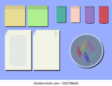 Stationery set. Mock up. Paper white, colored, lined. Adhesive block and paper clips in the container. Vector illustration