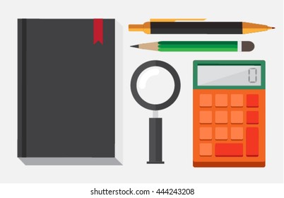 stationery set. notebook, pen, pencil, calculator, magnifier. vector illustration