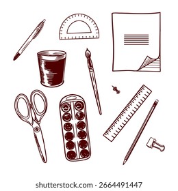 Stationery set. Notebook, scissors, pen, pencil, ruler, paints, brush, paper clip, pushpin. Hand drawn vector clip art for creating banners and posters for the Back to School holiday.