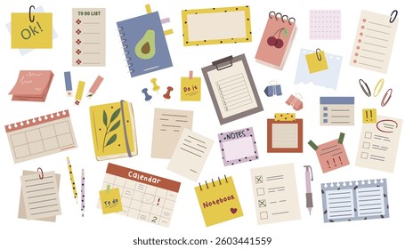 Stationery set with notebooks, calendars, and notes on white background. Vector illustration