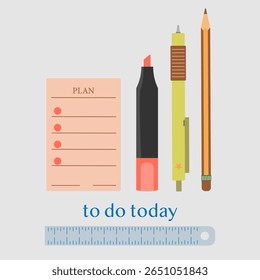 Stationery set, notepad, highlighter, pen, pencil, ruler and plan list. For education and office design.