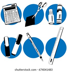 Stationery set for the office. Glue for paper. Felt-tip pens and pen on the table. Ruler for measuring long. Calculator and scissors. School supplies for study. Black and white icons.