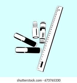 Stationery set for the office. Paper glue. Felt-tip pens and pen on the table. Measurement ruler is long. Black and white illustration on a blue background. School supplies for study.