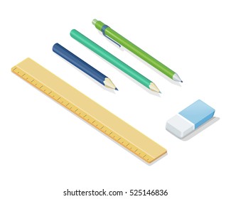 Stationery set. Pencils, ballpoint pen, eraser, ruler vector illustrations in isometric projection isolated on white background. Office supplies collection. For educational, drawing, business concepts