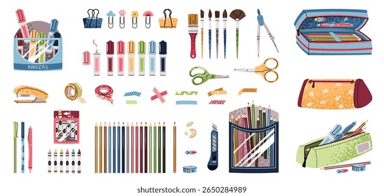 Stationery Set. Pencils, Highlighters, Crayons, Pens, Pencil Cases, Brushes, Paperclips and More in Flat Design. Back to School Collection. Ideal for Educational Content, Office Branding, Social Media