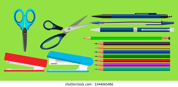 Stationery set. The pencils. Pens. Scissors. Stapler.