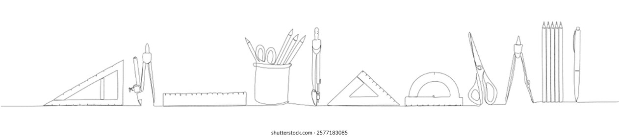 stationery set, pens, pencils, rulers one line art. Continuous line drawing of online learning, school supplies, stationery storage, exam, office supplies, education.