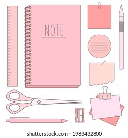 Stationery set - ruler, pen, scissors, sharpener, sticker, notebook. Vector illustration isolated on white background