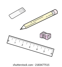 Stationery set of ruler, pencil, sharpener and eraser