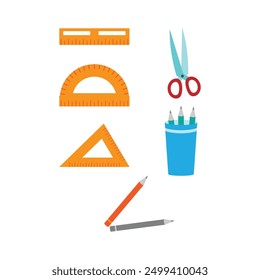 Stationery set with ruler, protractor, triangle, scissors, pencils, holder. Suitable for educational, office, or design concepts. Perfect for compositions.
