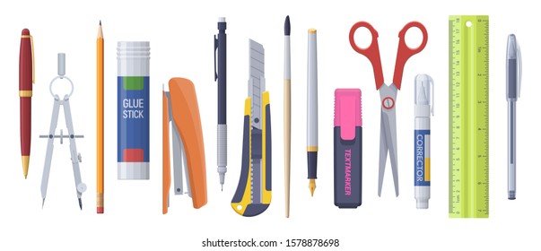 Stationery set. School business items. Vector flat isolated illustration. Collection