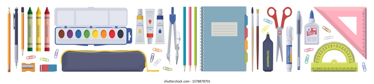 Stationery set. School items. Vector flat isolated illustration. Collection