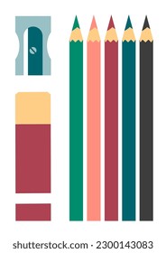 Stationery set. School tools. Color pencils, eraser and pencil sharpener. Education, business and office work. Flat vector illustration isolated on white background