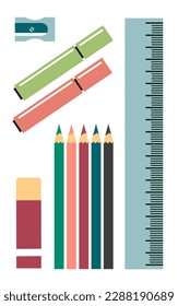 Stationery set. School tools. Ruler, color pencils, markers, eraser and pencil sharpener. Education, business and office work. Flat vector illustration isolated on white background