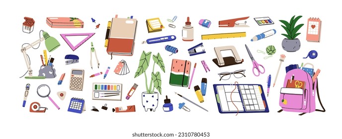 Stationery set. School tools, supplies. Notebook diary, satchel, accessories. Pen, pencil, ruler, highlighter marker and calculator. Flat graphic vector illustrations isolated on white background