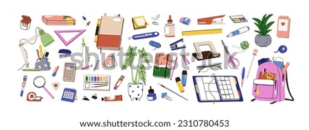 Stationery set. School tools, supplies. Notebook diary, satchel, accessories. Pen, pencil, ruler, highlighter marker and calculator. Flat graphic vector illustrations isolated on white background